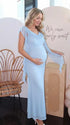 sky blue mesh maternity gown with draped cowl neckline and cascading ruffle sleeves