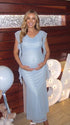 sky blue mesh maternity gown with draped cowl neckline and cascading ruffle sleeves