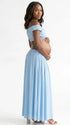 Sky Blue Off Shoulder Two Piece Maternity Photoshoot Set, Flowy Pregnancy Skirt Outfit for Baby Shower, Maternity Photoshoot, Gender Reveal, Pregnancy Announcement, Wedding Guest, Bridal Shower, Formal Events | Bumplook