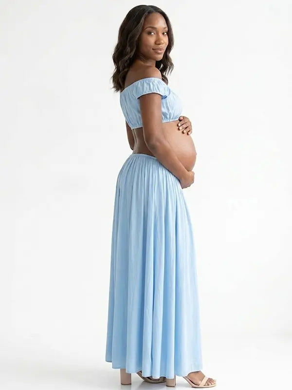Sky Blue Off Shoulder Two Piece Maternity Photoshoot Set, Flowy Pregnancy Skirt Outfit for Baby Shower, Maternity Photoshoot, Gender Reveal, Pregnancy Announcement, Wedding Guest, Bridal Shower, Formal Events | Bumplook