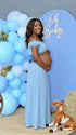 Sky Blue Off Shoulder Two Piece Maternity Photoshoot Set, Flowy Pregnancy Skirt Outfit for Baby Shower, Maternity Photoshoot, Gender Reveal, Pregnancy Announcement, Wedding Guest, Bridal Shower, Formal Events | Bumplook