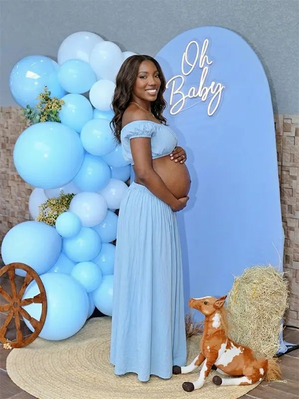 Sky Blue Off Shoulder Two Piece Maternity Photoshoot Set, Flowy Pregnancy Skirt Outfit for Baby Shower, Maternity Photoshoot, Gender Reveal, Pregnancy Announcement, Wedding Guest, Bridal Shower, Formal Events | Bumplook