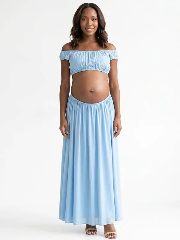 Sky Blue Off Shoulder Two Piece Maternity Photoshoot Set, Flowy Pregnancy Skirt Outfit for Baby Shower, Maternity Photoshoot, Gender Reveal, Pregnancy Announcement, Wedding Guest, Bridal Shower, Formal Events | Bumplook