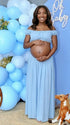 Sky Blue Off Shoulder Two Piece Maternity Photoshoot Set, Flowy Pregnancy Skirt Outfit for Baby Shower, Maternity Photoshoot, Gender Reveal, Pregnancy Announcement, Wedding Guest, Bridal Shower, Formal Events | Bumplook