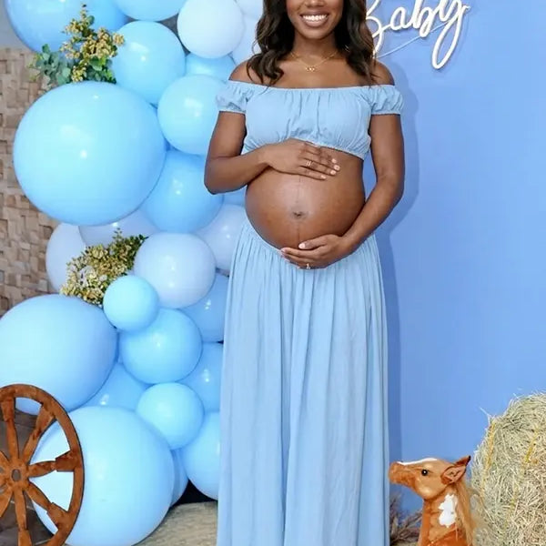 Sky Blue Off Shoulder Two Piece Maternity Photoshoot Set, Flowy Pregnancy Skirt Outfit for Baby Shower, Maternity Photoshoot, Gender Reveal, Pregnancy Announcement, Wedding Guest, Bridal Shower, Formal Events | Bumplook