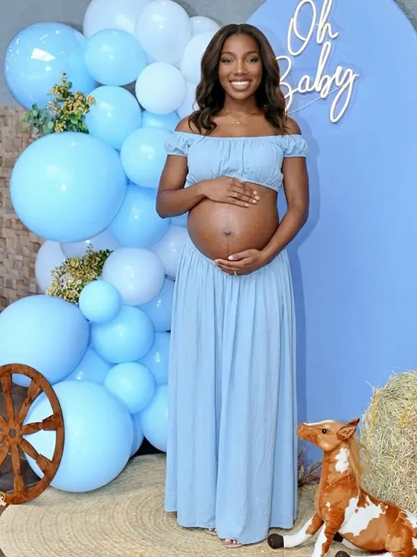 Sky Blue Off Shoulder Two Piece Maternity Photoshoot Set, Flowy Pregnancy Skirt Outfit for Baby Shower, Maternity Photoshoot, Gender Reveal, Pregnancy Announcement, Wedding Guest, Bridal Shower, Formal Events | Bumplook