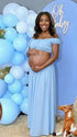 Sky Blue Off Shoulder Two Piece Maternity Photoshoot Set, Flowy Pregnancy Skirt Outfit for Baby Shower, Maternity Photoshoot, Gender Reveal, Pregnancy Announcement, Wedding Guest, Bridal Shower, Formal Events | Bumplook