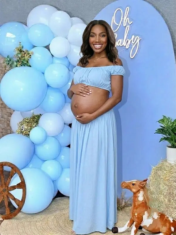 Sky Blue Off Shoulder Two Piece Maternity Photoshoot Set, Flowy Pregnancy Skirt Outfit for Baby Shower, Maternity Photoshoot, Gender Reveal, Pregnancy Announcement, Wedding Guest, Bridal Shower, Formal Events | Bumplook