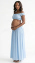 Sky Blue Off Shoulder Two Piece Maternity Photoshoot Set, Flowy Pregnancy Skirt Outfit for Baby Shower, Maternity Photoshoot, Gender Reveal, Pregnancy Announcement, Wedding Guest, Bridal Shower, Formal Events | Bumplook