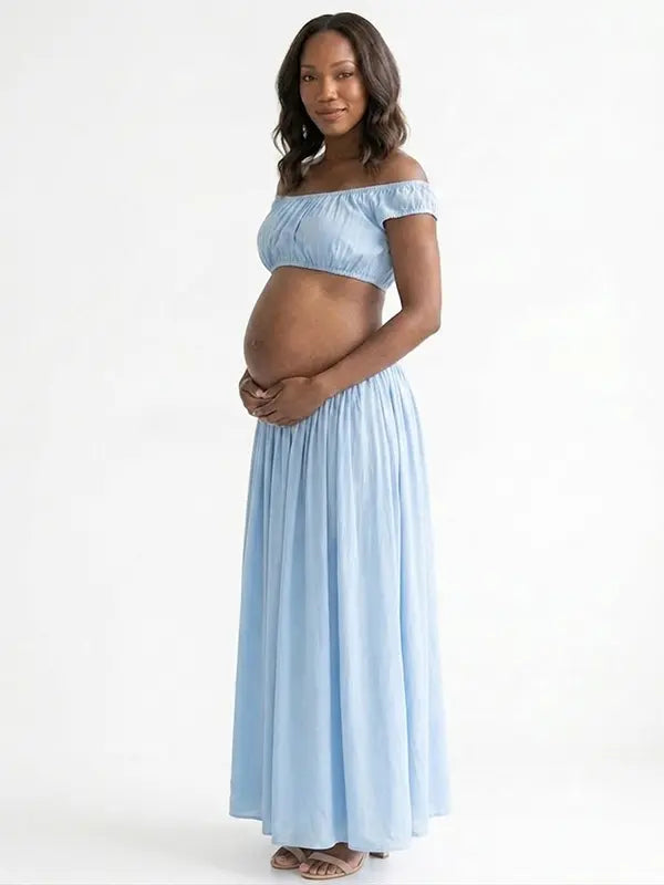 Sky Blue Off Shoulder Two Piece Maternity Photoshoot Set, Flowy Pregnancy Skirt Outfit for Baby Shower, Maternity Photoshoot, Gender Reveal, Pregnancy Announcement, Wedding Guest, Bridal Shower, Formal Events | Bumplook