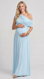 Pregnant woman in a sky blue off-the-shoulder poly-spandex maternity maxi dress with ruched detailing.