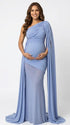 sky blue one shoulder ruched bodycon maxi dress with draped scarf detail