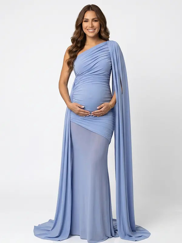 sky blue one shoulder ruched bodycon maxi dress with draped scarf detail