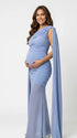 sky blue one shoulder ruched bodycon maxi dress with draped scarf detail
