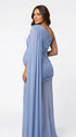 sky blue one shoulder ruched bodycon maxi dress with draped scarf detail