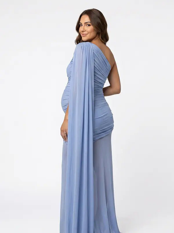 sky blue one shoulder ruched bodycon maxi dress with draped scarf detail