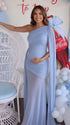 sky blue one shoulder ruched bodycon maxi dress with draped scarf detail