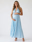 Sky Blue Pleated Satin Halter Maternity Maxi Dress for Beach Photoshoot