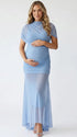 dusty blue ruched maternity gown with mesh overlay short sleeves and sweep train