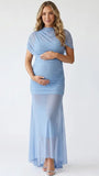 dusty blue ruched maternity gown with mesh overlay short sleeves and sweep train