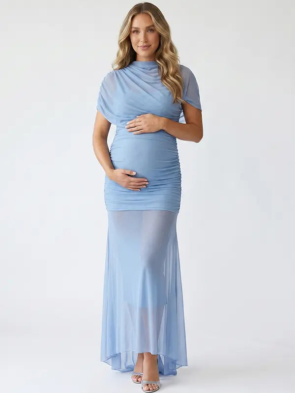 dusty blue ruched maternity gown with mesh overlay short sleeves and sweep train