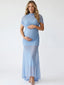 Sky Blue Ruched Mesh Bodycon Maternity Gown with Sweep Train