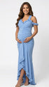 Sky blue ruffle halter maternity maxi dress for pregnancy photoshoots with ruched bodycon fit