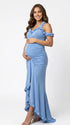 Sky blue ruffle halter maternity maxi dress for pregnancy photoshoots with ruched bodycon fit