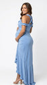 Sky blue ruffle halter maternity maxi dress for pregnancy photoshoots with ruched bodycon fit