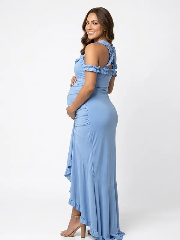 Sky blue ruffle halter maternity maxi dress for pregnancy photoshoots with ruched bodycon fit