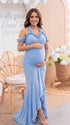 Sky blue ruffle halter maternity maxi dress for pregnancy photoshoots with ruched bodycon fit