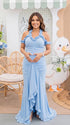 Sky blue ruffle halter maternity maxi dress for pregnancy photoshoots with ruched bodycon fit