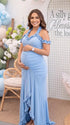 Sky blue ruffle halter maternity maxi dress for pregnancy photoshoots with ruched bodycon fit