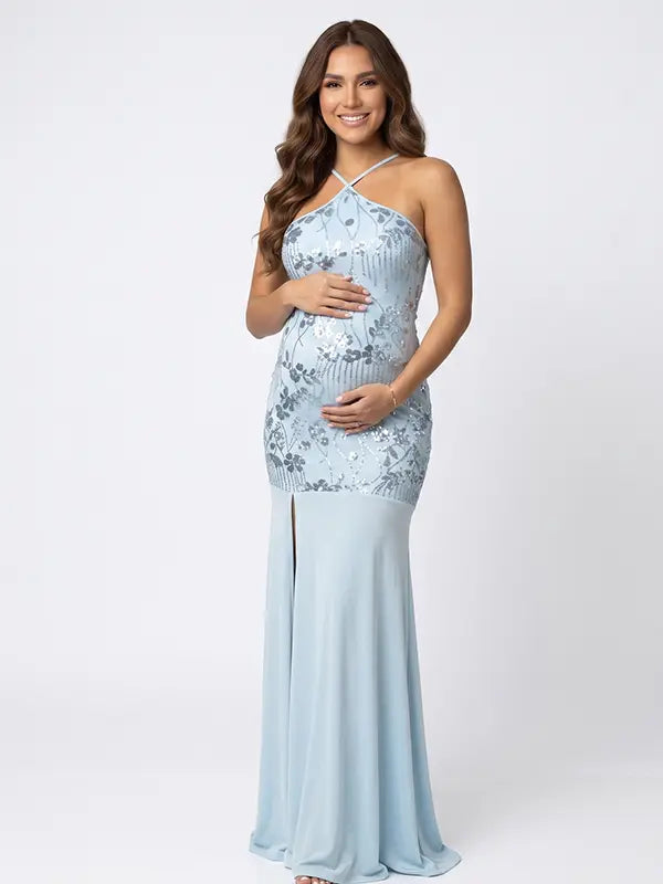 Sky Blue Sequin Halter Mermaid Maternity Maxi Dress with Floral Embroidery and Open Back for Baby Shower, Maternity Photoshoot, Pregnancy Announcement, Gender Reveal, Wedding Guest and Formal Events | Bumplook