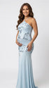 Sky Blue Sequin Halter Mermaid Maternity Maxi Dress with Floral Embroidery and Open Back for Baby Shower, Maternity Photoshoot, Pregnancy Announcement, Gender Reveal, Wedding Guest and Formal Events | Bumplook