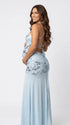 Sky Blue Sequin Halter Mermaid Maternity Maxi Dress with Floral Embroidery and Open Back for Baby Shower, Maternity Photoshoot, Pregnancy Announcement, Gender Reveal, Wedding Guest and Formal Events | Bumplook