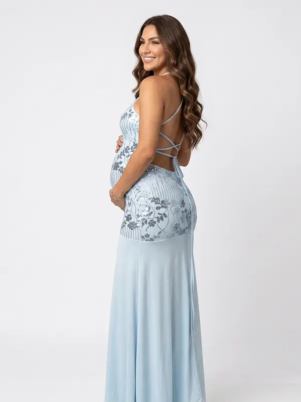 Sky Blue Sequin Halter Mermaid Maternity Maxi Dress with Floral Embroidery and Open Back for Baby Shower, Maternity Photoshoot, Pregnancy Announcement, Gender Reveal, Wedding Guest and Formal Events | Bumplook