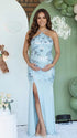 Sky Blue Sequin Halter Mermaid Maternity Maxi Dress with Floral Embroidery and Open Back for Baby Shower, Maternity Photoshoot, Pregnancy Announcement, Gender Reveal, Wedding Guest and Formal Events | Bumplook