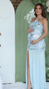 Sky Blue Sequin Halter Mermaid Maternity Maxi Dress with Floral Embroidery and Open Back for Baby Shower, Maternity Photoshoot, Pregnancy Announcement, Gender Reveal, Wedding Guest and Formal Events | Bumplook