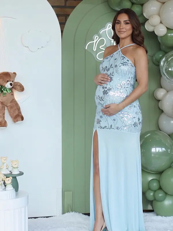 Sky Blue Sequin Halter Mermaid Maternity Maxi Dress with Floral Embroidery and Open Back for Baby Shower, Maternity Photoshoot, Pregnancy Announcement, Gender Reveal, Wedding Guest and Formal Events | Bumplook