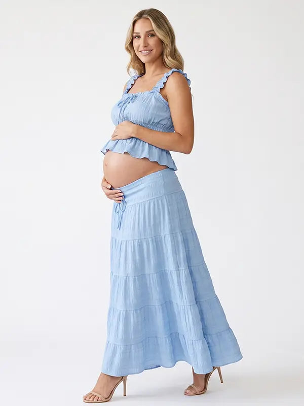 Sky Blue Smocked Square Neck Maternity Maxi Dress with Ruffle Straps for Baby Shower, Maternity Photoshoot, Pregnancy Announcement, Gender Reveal, Babymoon and Summer Garden Party | Bumplook