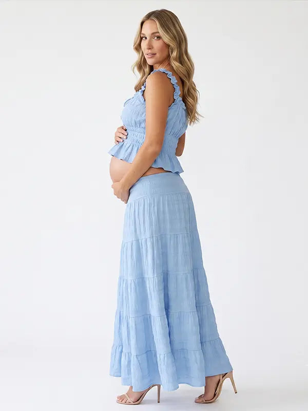 Sky Blue Smocked Square Neck Maternity Maxi Dress with Ruffle Straps for Baby Shower, Maternity Photoshoot, Pregnancy Announcement, Gender Reveal, Babymoon and Summer Garden Party | Bumplook