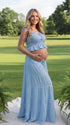 Sky Blue Smocked Square Neck Maternity Maxi Dress with Ruffle Straps for Baby Shower, Maternity Photoshoot, Pregnancy Announcement, Gender Reveal, Babymoon and Summer Garden Party | Bumplook