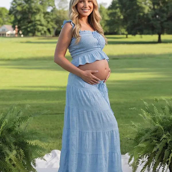 Sky Blue Smocked Square Neck Maternity Maxi Dress with Ruffle Straps for Baby Shower, Maternity Photoshoot, Pregnancy Announcement, Gender Reveal, Babymoon and Summer Garden Party | Bumplook