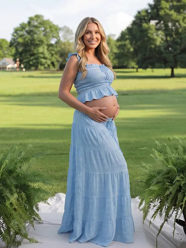 Sky Blue Smocked Square Neck Maternity Maxi Dress with Ruffle Straps for Baby Shower, Maternity Photoshoot, Pregnancy Announcement, Gender Reveal, Babymoon and Summer Garden Party | Bumplook