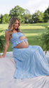 Sky Blue Smocked Square Neck Maternity Maxi Dress with Ruffle Straps for Baby Shower, Maternity Photoshoot, Pregnancy Announcement, Gender Reveal, Babymoon and Summer Garden Party | Bumplook