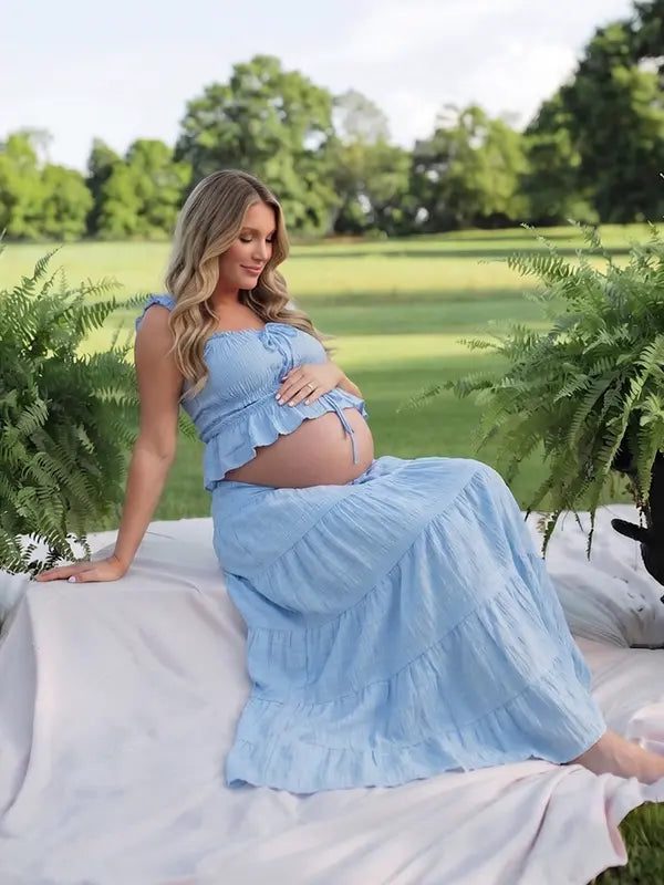 Sky Blue Smocked Square Neck Maternity Maxi Dress with Ruffle Straps for Baby Shower, Maternity Photoshoot, Pregnancy Announcement, Gender Reveal, Babymoon and Summer Garden Party | Bumplook