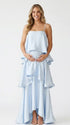 sky blue tiered ruffle maternity maxi dress with spaghetti straps and flowy layers