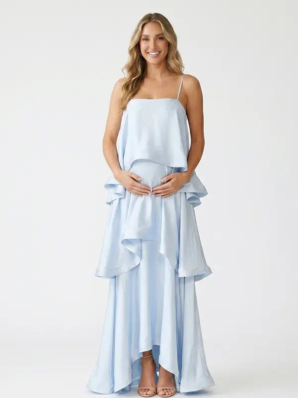 sky blue tiered ruffle maternity maxi dress with spaghetti straps and flowy layers