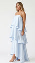 sky blue tiered ruffle maternity maxi dress with spaghetti straps and flowy layers
